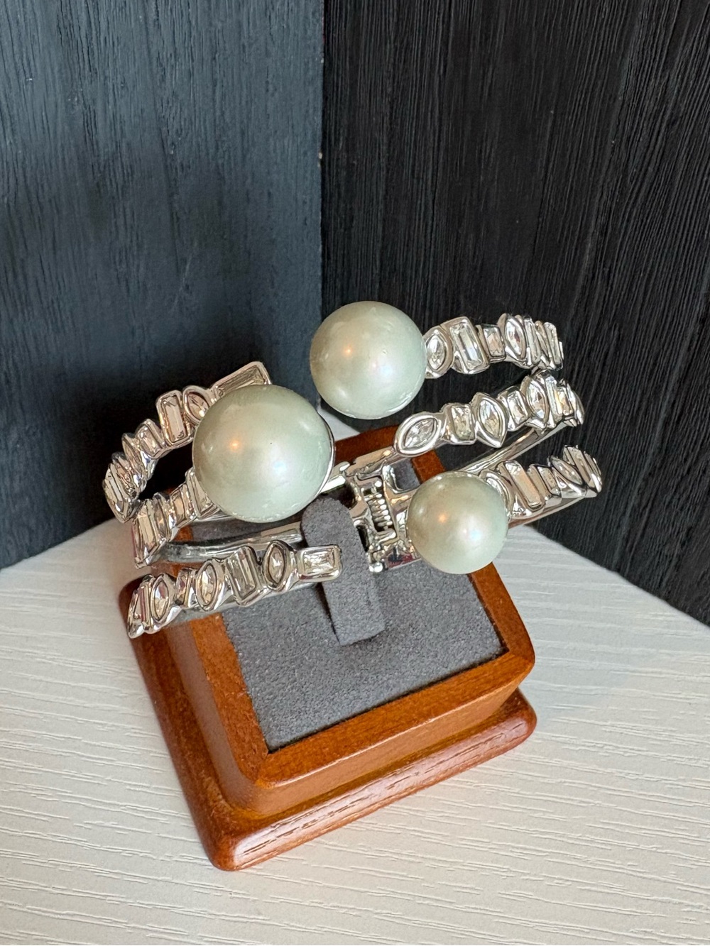 Alexis Bittar bracelet hinged cuff silver tone rhinestones gray faux pearl 7” +